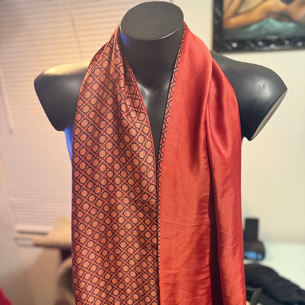 Rust Red & Navy Medallion Scarf | Satin Reversible Wrap